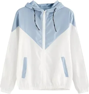 Womens Windbreaker Jacket Color Block Drawstring Hooded Sports Jacket Lightweight Outdoor Raincoat