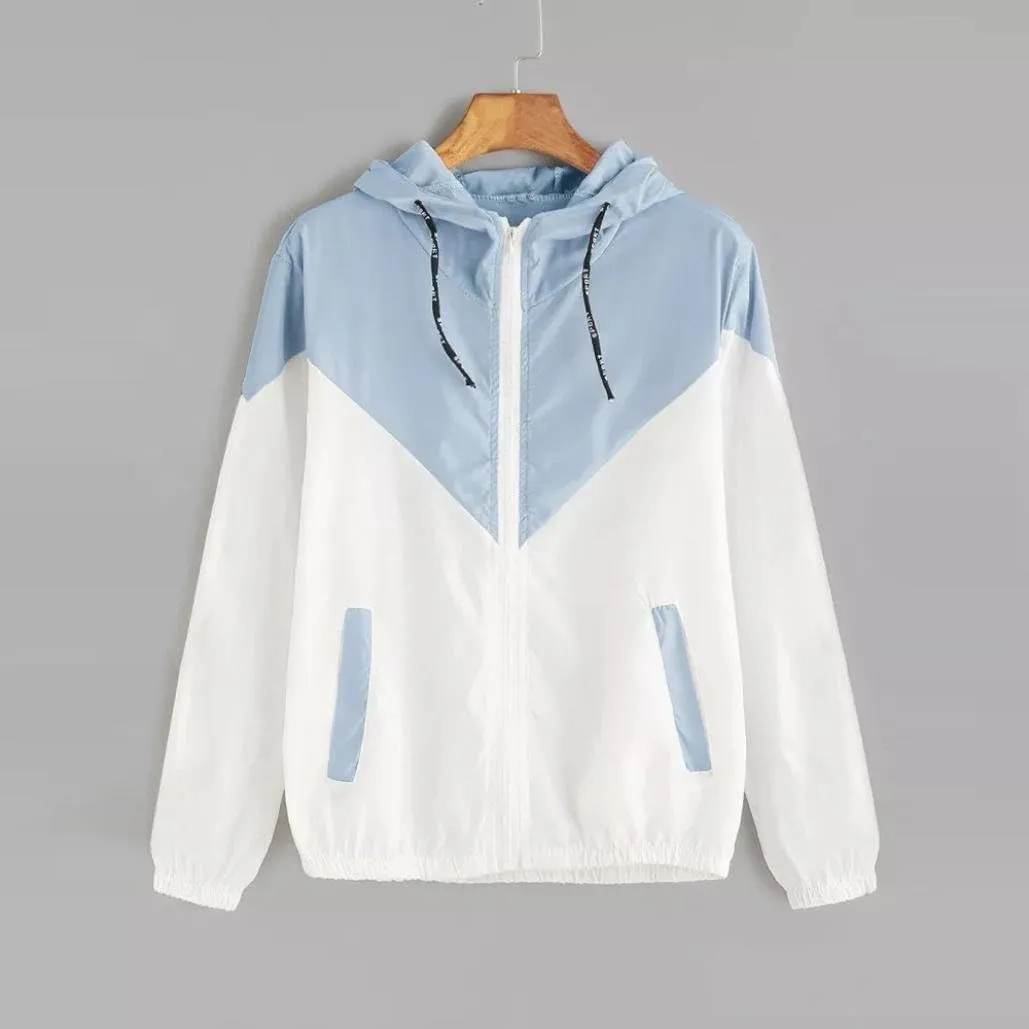Womens Windbreaker Jacket Color Block Drawstring Hooded Sports Jacket Lightweight Outdoor Raincoat