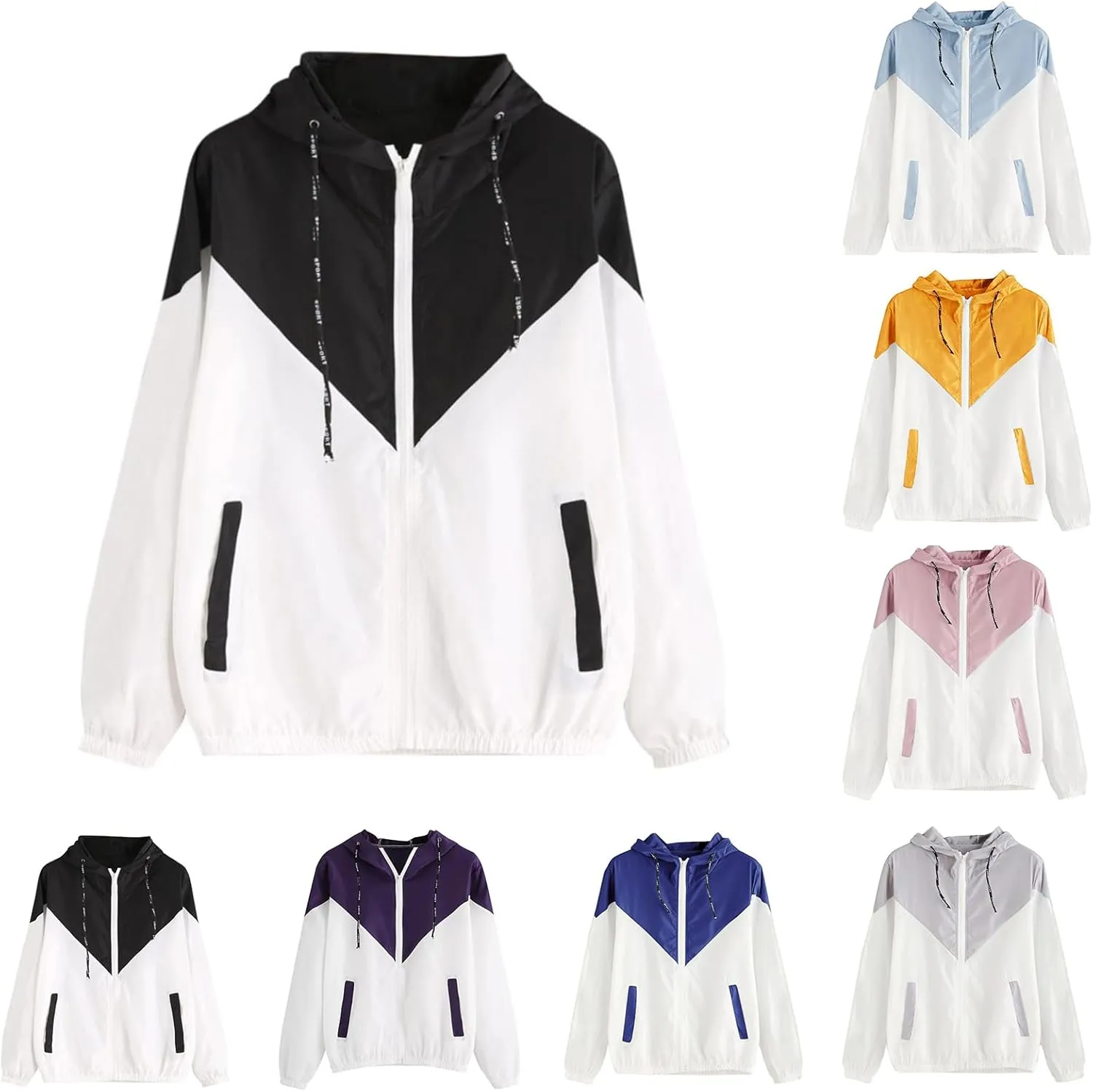Womens Windbreaker Jacket Color Block Drawstring Hooded Sports Jacket Lightweight Outdoor Raincoat