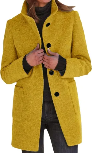 Womens Winter Long Pea Coats Wool Blend Peacoat Thicken Blazer Stand Collar Single Breasted Wool Coats 2024