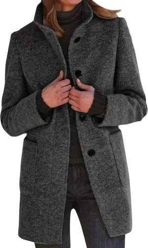 Womens Winter Long Pea Coats Wool Blend Peacoat Thicken Blazer Stand Collar Single Breasted Wool Coats 2024
