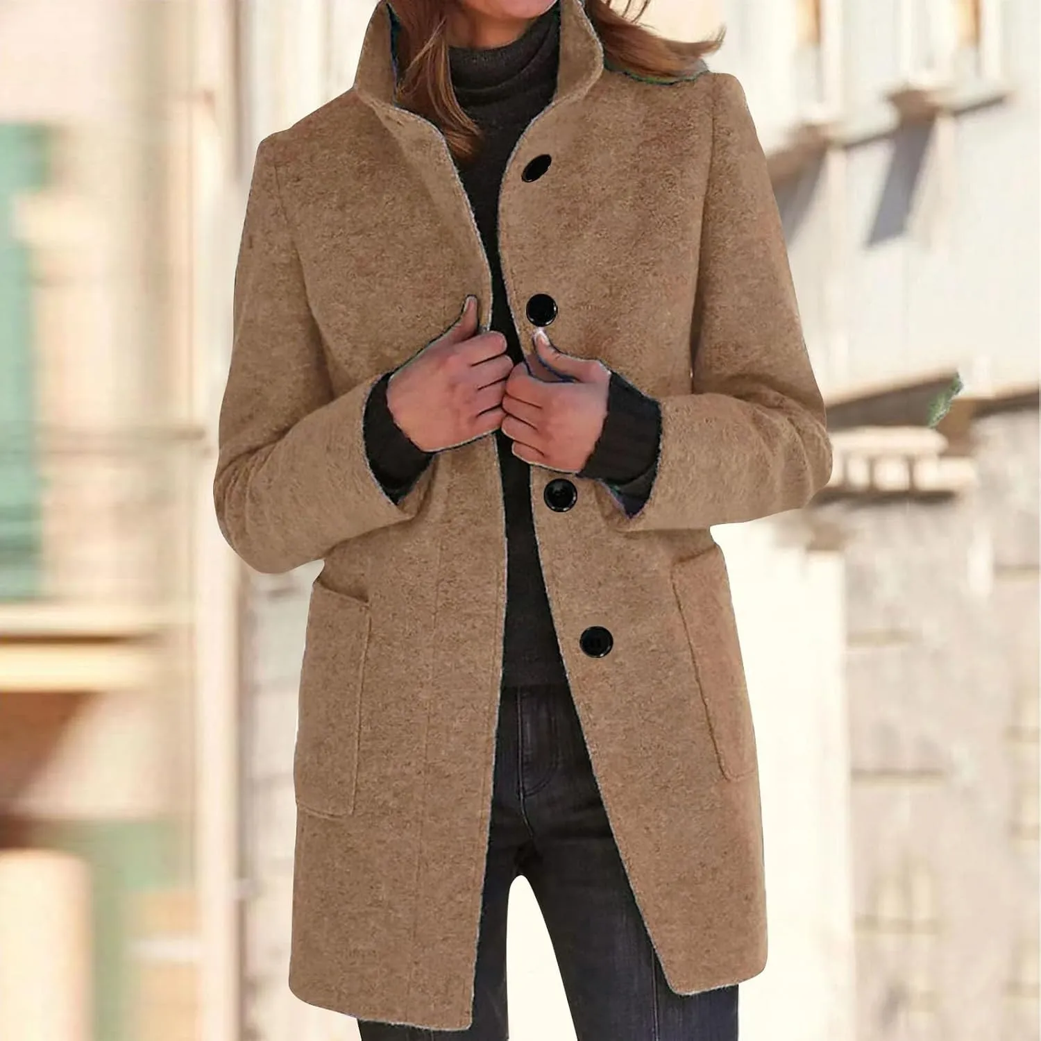 Womens Winter Long Pea Coats Wool Blend Peacoat Thicken Blazer Stand Collar Single Breasted Wool Coats 2024