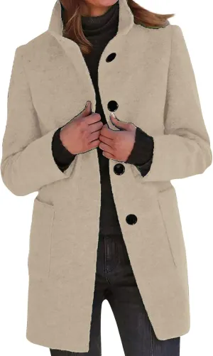 Womens Winter Long Pea Coats Wool Blend Peacoat Thicken Blazer Stand Collar Single Breasted Wool Coats 2024