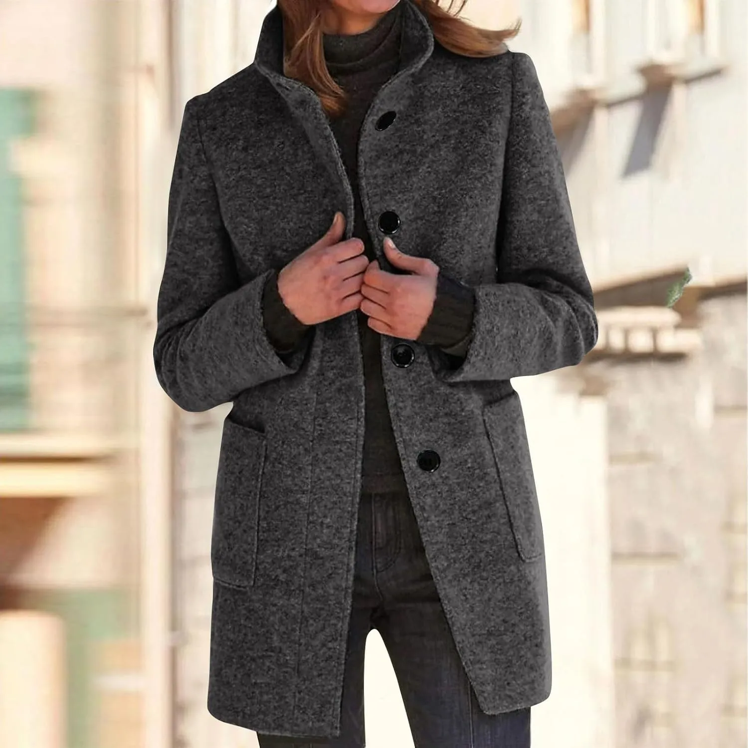 Womens Winter Long Pea Coats Wool Blend Peacoat Thicken Blazer Stand Collar Single Breasted Wool Coats 2024