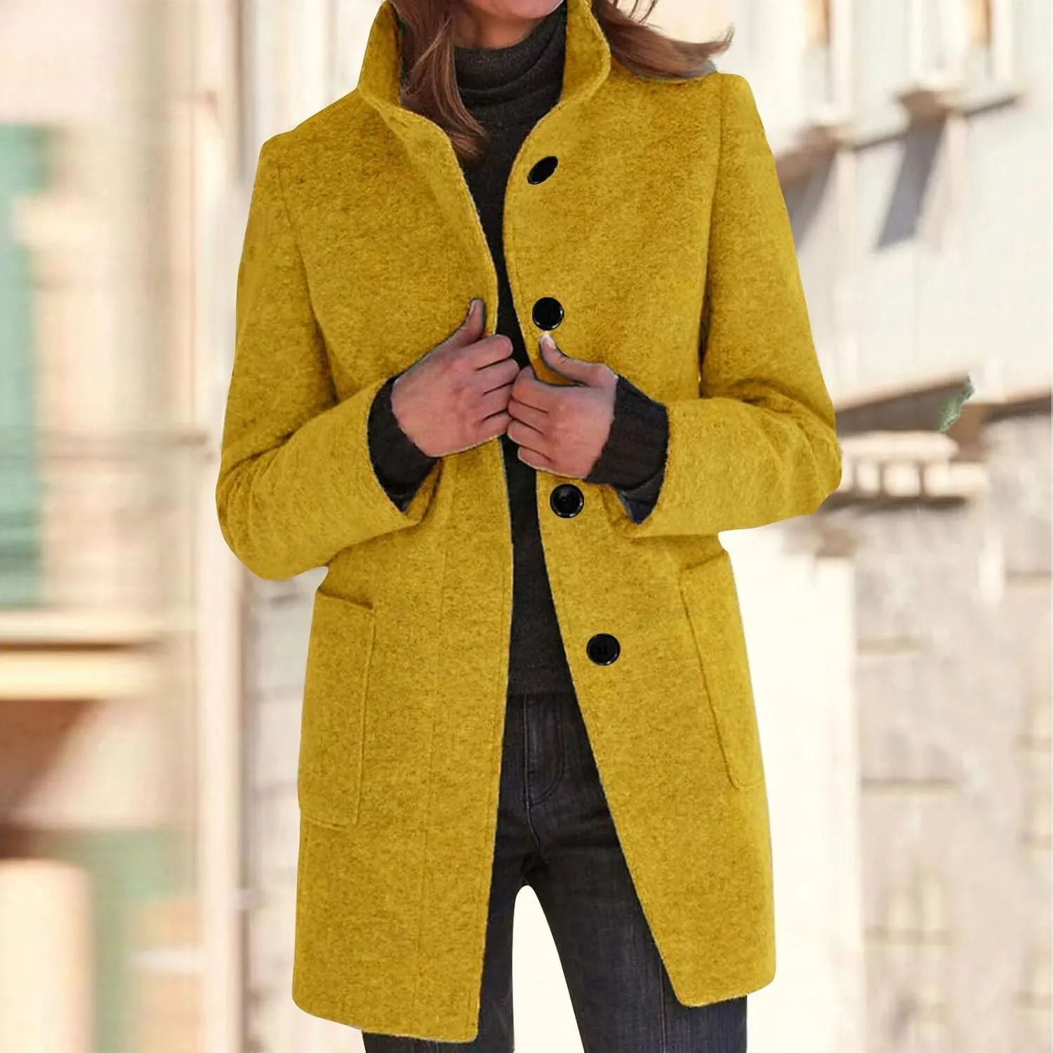 Womens Winter Long Pea Coats Wool Blend Peacoat Thicken Blazer Stand Collar Single Breasted Wool Coats 2024