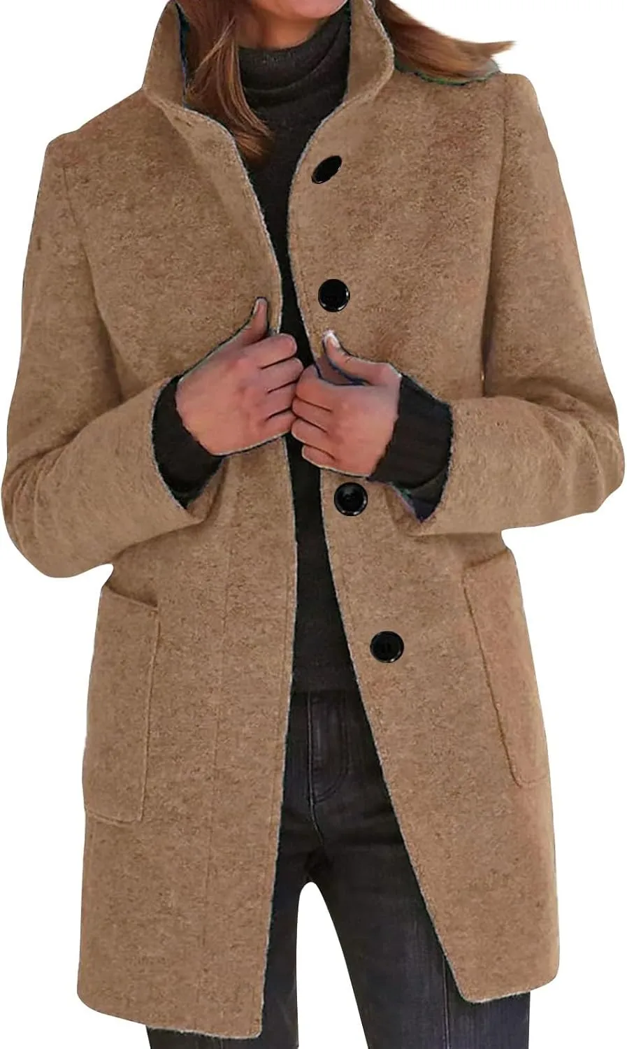Womens Winter Long Pea Coats Wool Blend Peacoat Thicken Blazer Stand Collar Single Breasted Wool Coats 2024