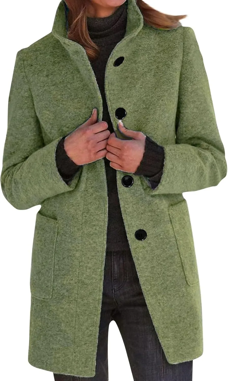 Womens Winter Long Pea Coats Wool Blend Peacoat Thicken Blazer Stand Collar Single Breasted Wool Coats 2024