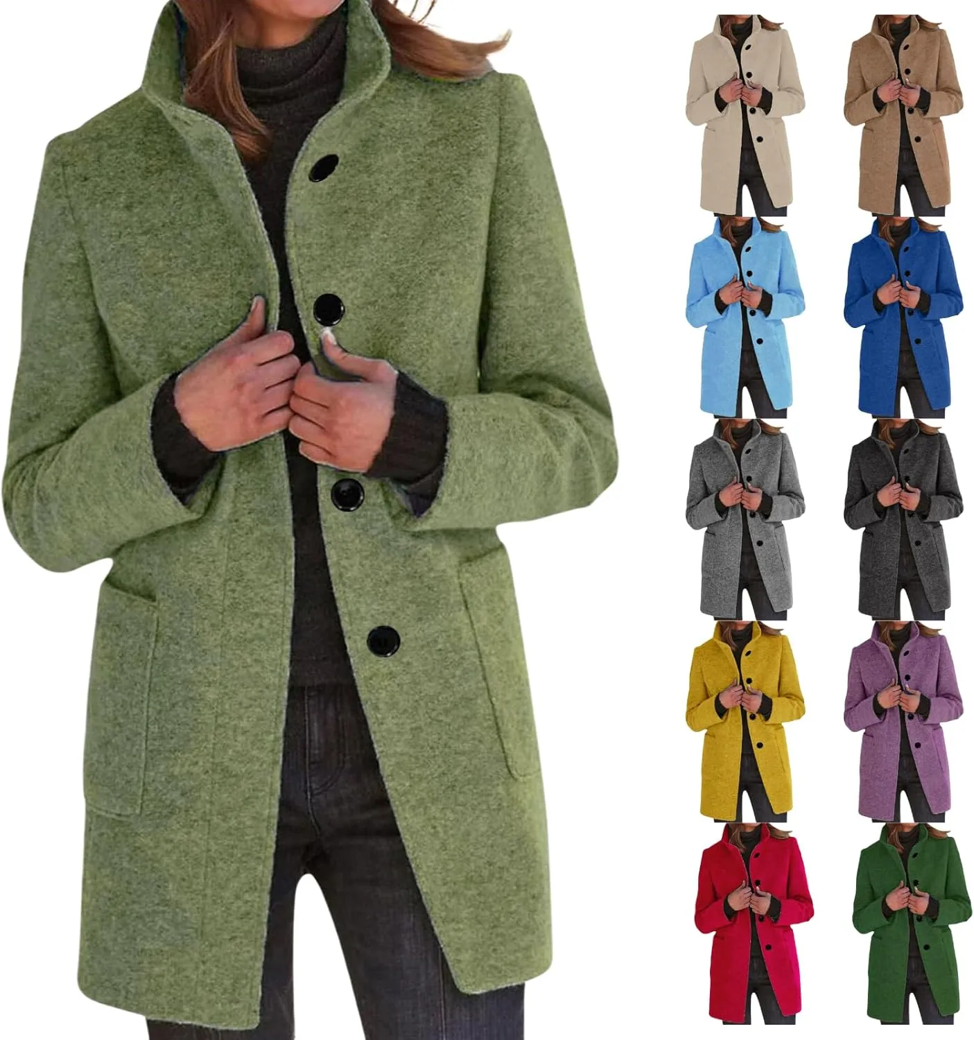 Womens Winter Long Pea Coats Wool Blend Peacoat Thicken Blazer Stand Collar Single Breasted Wool Coats 2024