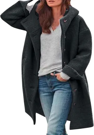 Women's Winter Single Breasted Long Thicken Wool Pea Coat with Hood Casual Wool Blend Trench Coat Jacket