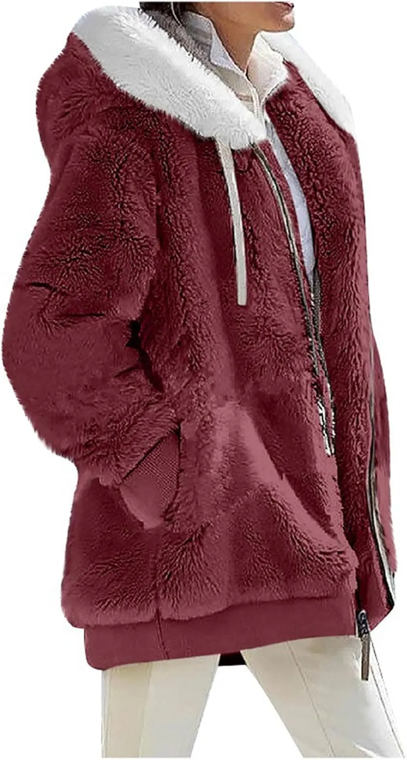 Womens Winter Thick Coat Hooded Zip Casual Outwear Insulated Slim Soft Fleece Jacket with Pocket Daily Outdoor Clothes