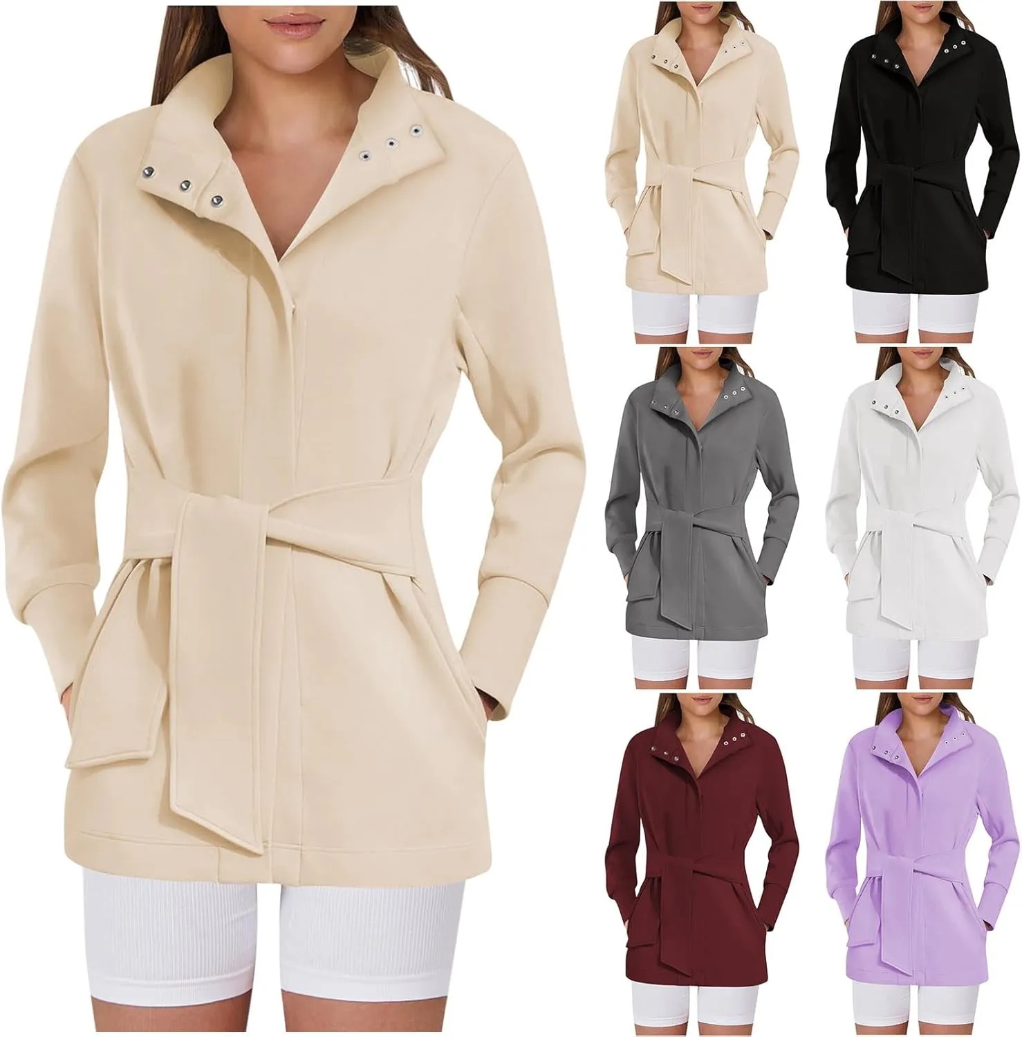 Womens Winter Trench Coat Open Front Wool Blend Pea Coats Casual Notched Lapel Classic Fitted Mid Long Jacket Outwear