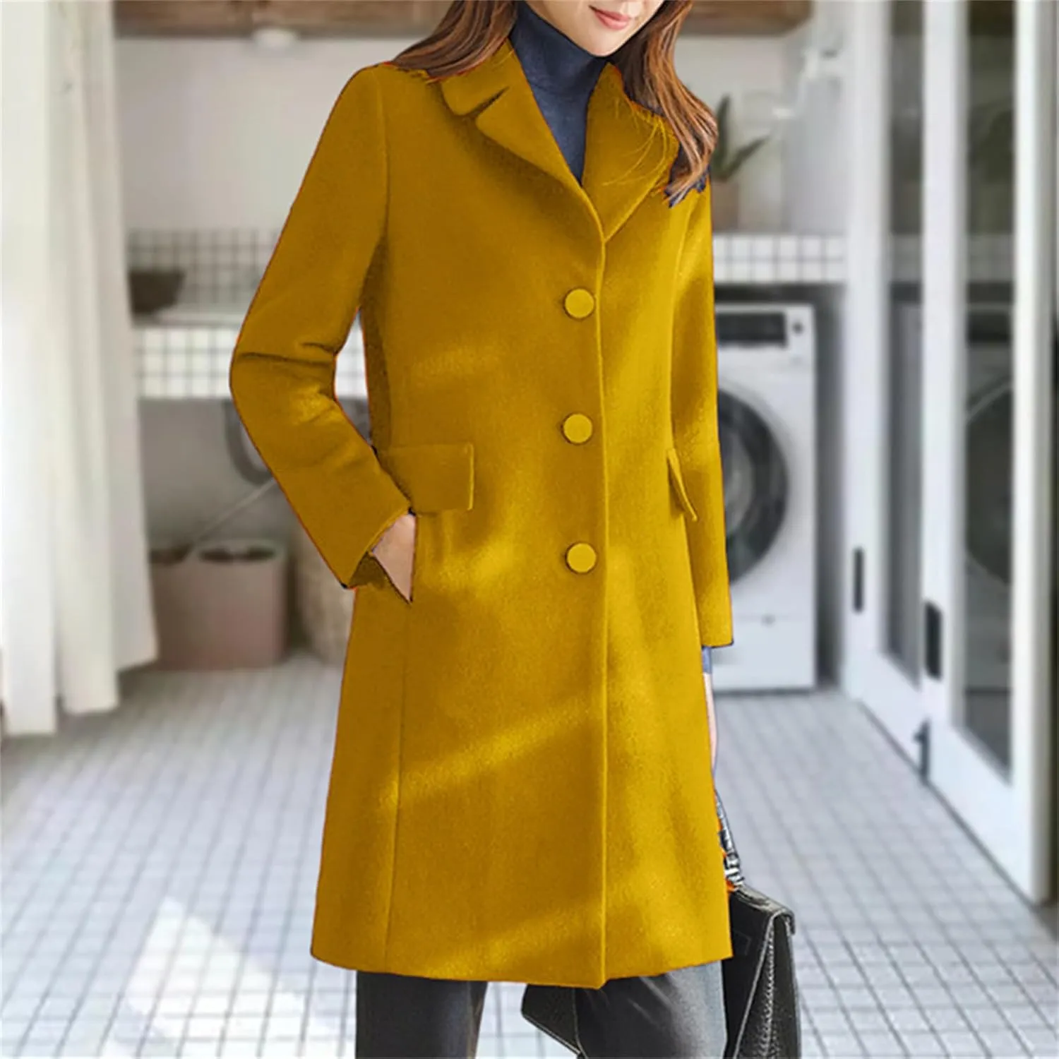 Womens Winter Wool Coats Mid Long Oversized Over Coats Notched Lapel Collar Singe Breasted Trench Coat Jackets