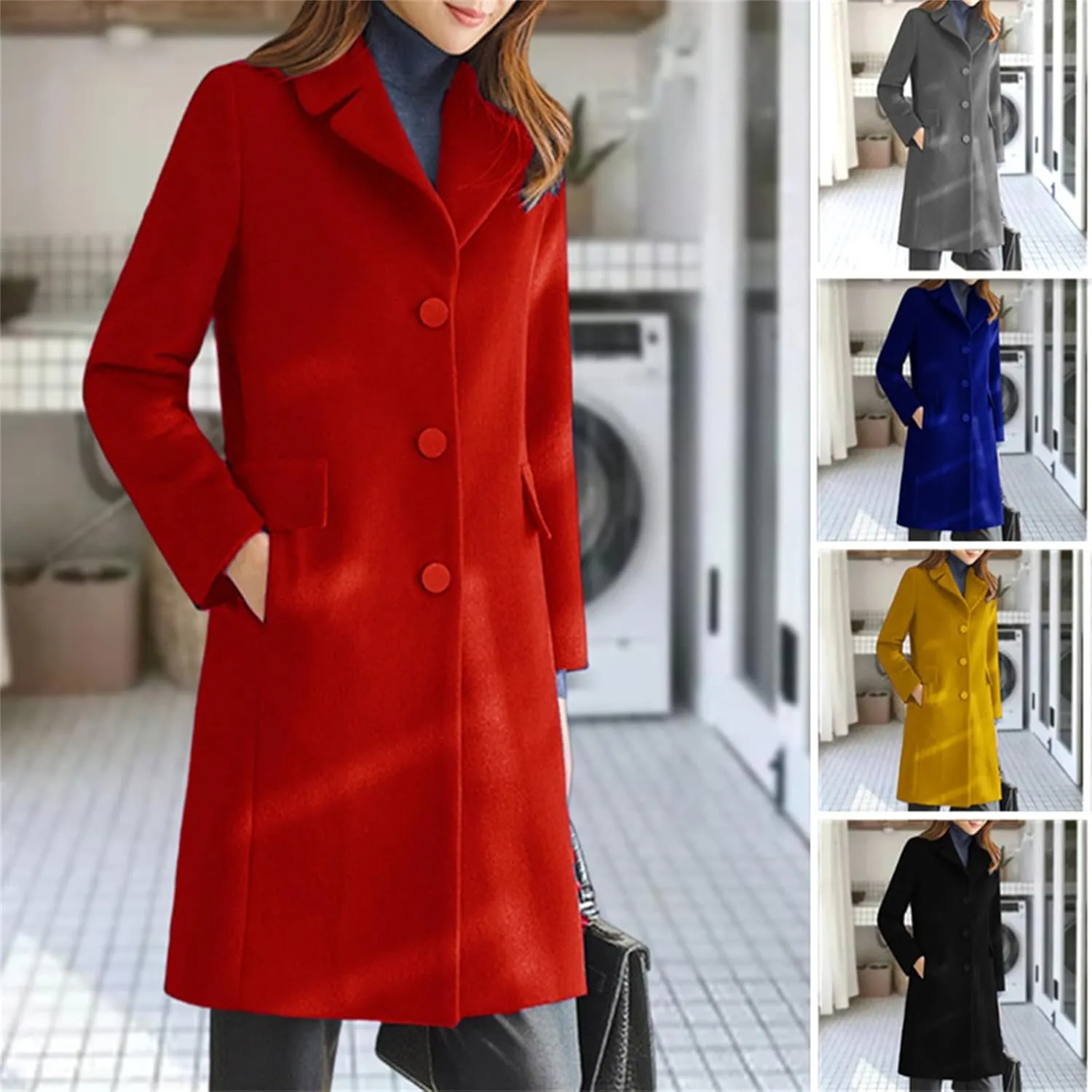Womens Winter Wool Coats Mid Long Oversized Over Coats Notched Lapel Collar Singe Breasted Trench Coat Jackets