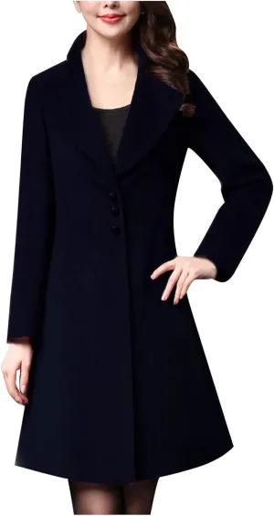 Womens Winter Wool Coats Single Breasted Mid-Long Pea Coats Elegant Notch Lapel Windproof Trench Coat Outwear