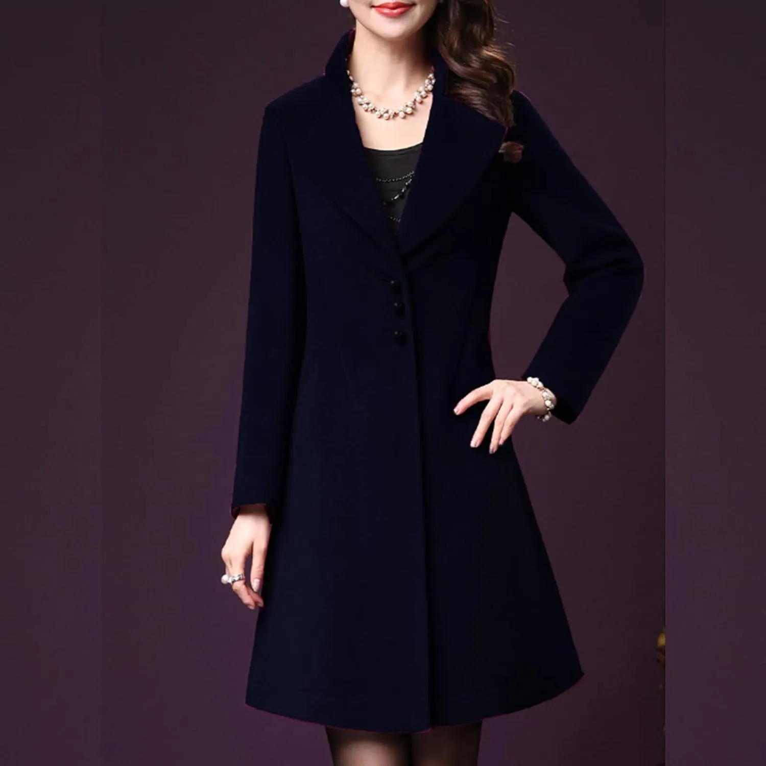 Womens Winter Wool Coats Single Breasted Mid-Long Pea Coats Elegant Notch Lapel Windproof Trench Coat Outwear