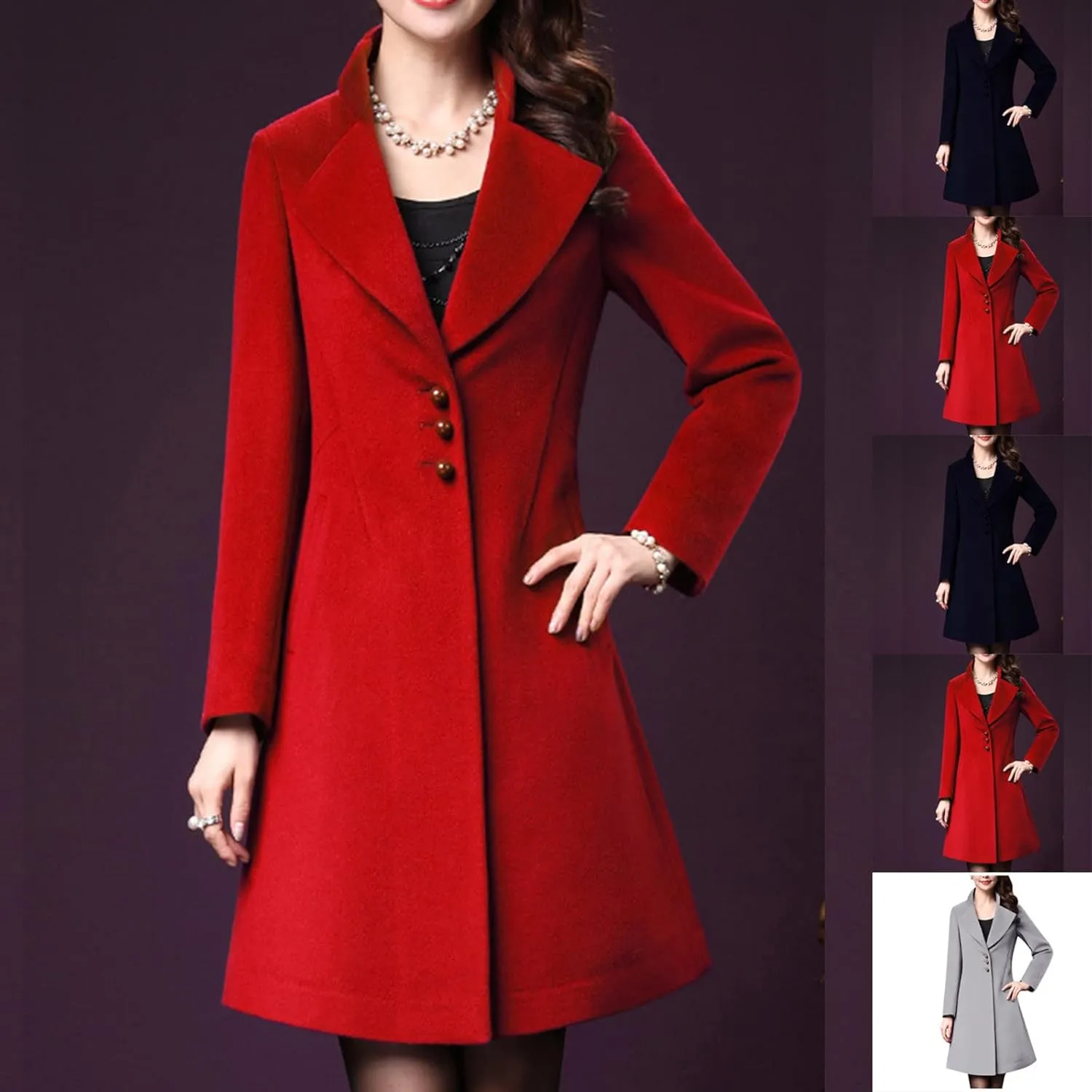 Womens Winter Wool Coats Single Breasted Mid-Long Pea Coats Elegant Notch Lapel Windproof Trench Coat Outwear