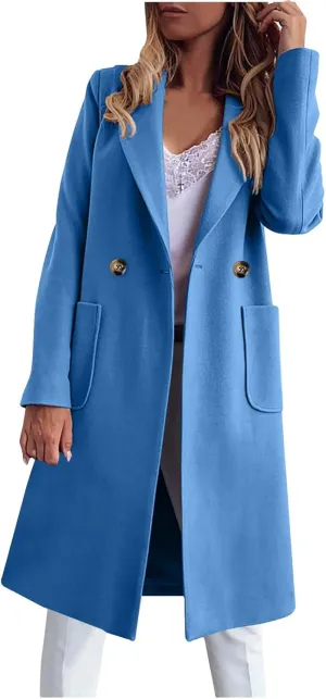 Women's Wool Blend Trench Coat Winter Jackets Mid Long Pea Coats Dressy Casual Double Breasted Overcoat with Pockets