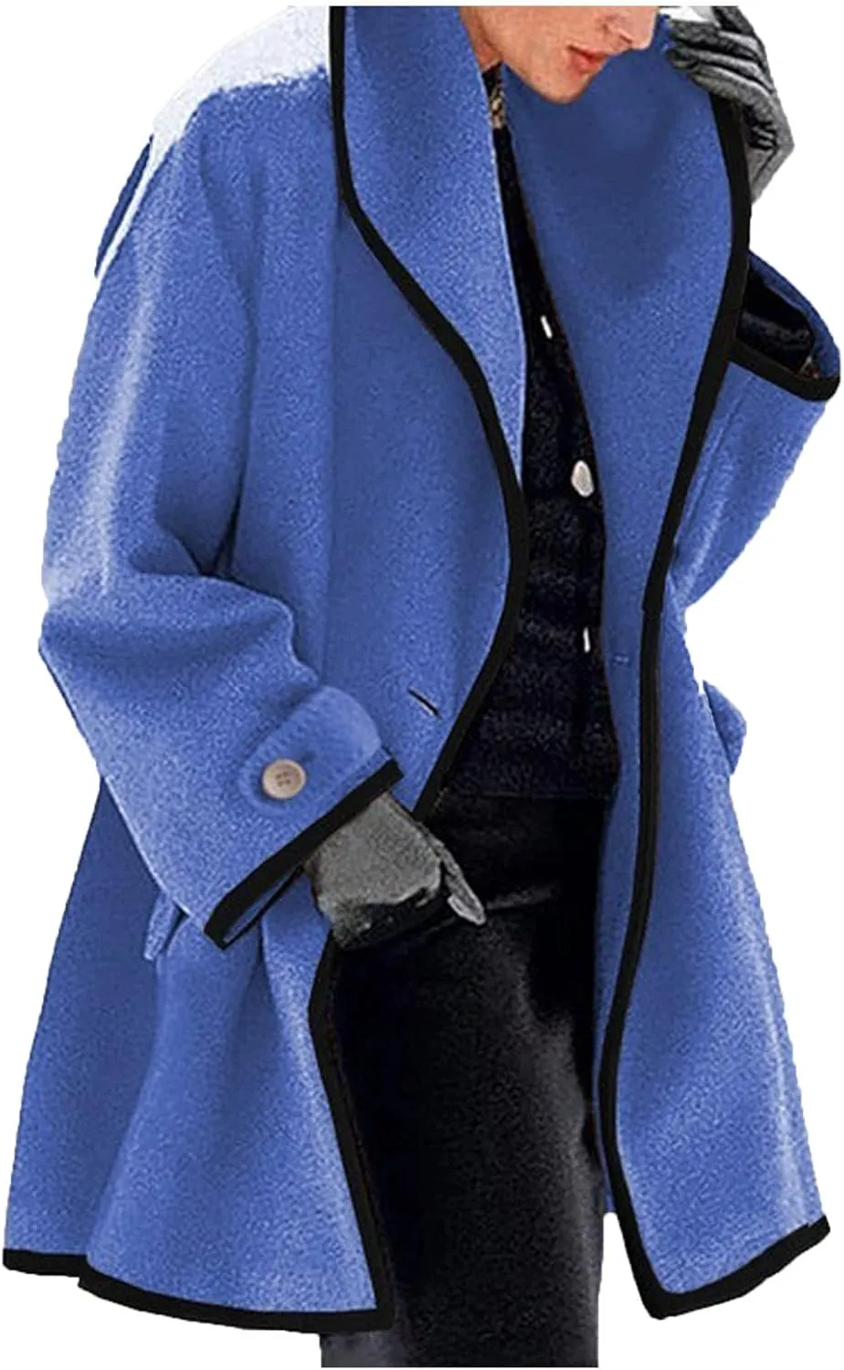 Women's Wool Peacoat Shawl Collar Loose Cardigan Jacket Fashion One Button Trench Coat Winter Overcoats with Pockets