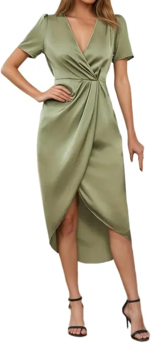 Women's Wrap V Neck Dress Formal Satin Split Hem Cocktail Wedding Party Dresses Ruched Pleated Short Sleeve Dress