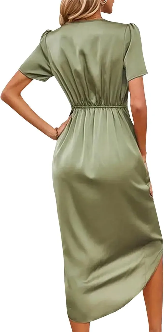 Women's Wrap V Neck Dress Formal Satin Split Hem Cocktail Wedding Party Dresses Ruched Pleated Short Sleeve Dress