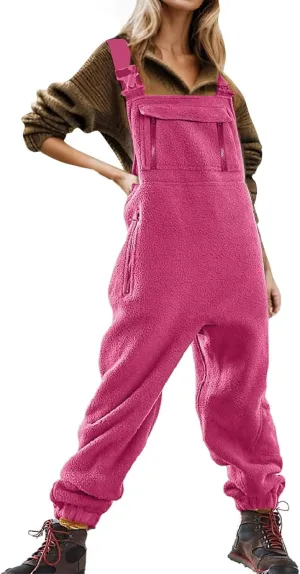 Womens Y2K Fleece Overalls Jumpsuits Adjustable Brushed Suspender Straps Warm Winter Fuzzy Ski Pants with Pockets