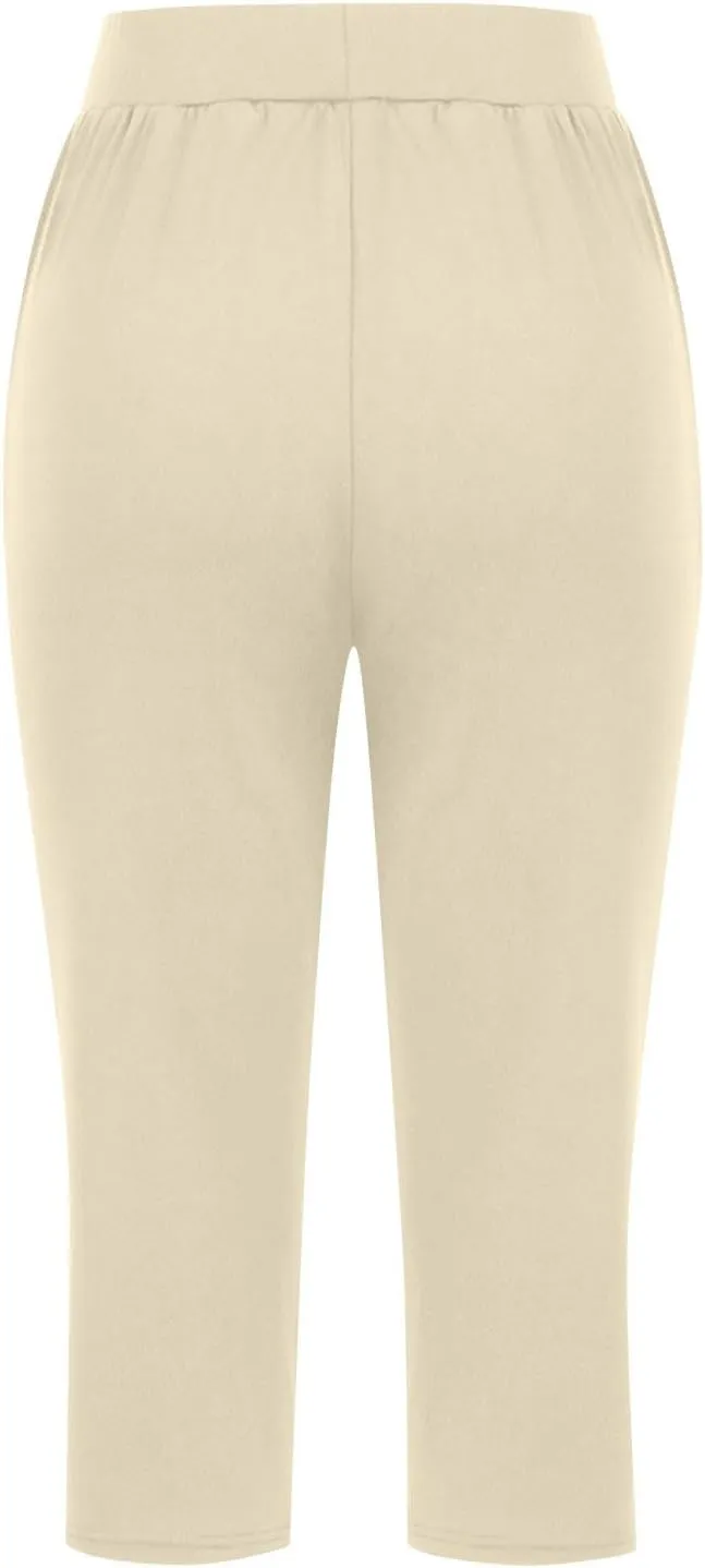 Womens Yoga Capri Pants Elastic Waisted Pants High Waisted Stretch Pants Casual Lounge Pants Summer Lightweight Pants