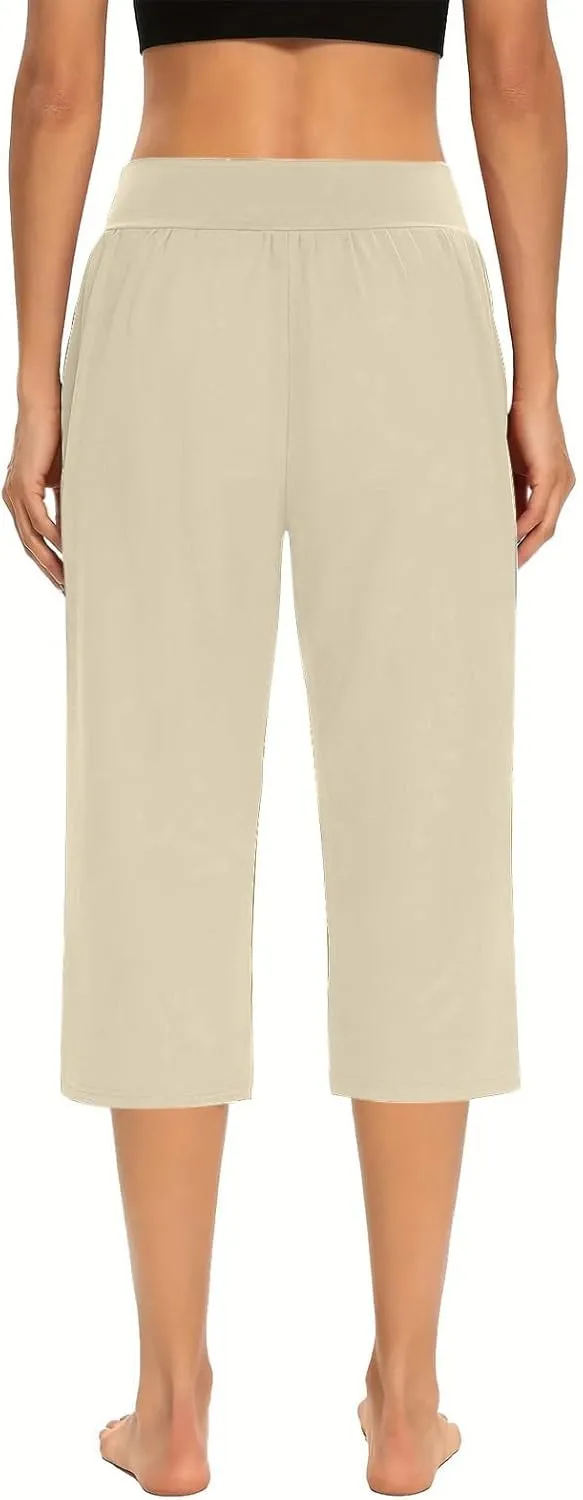 Womens Yoga Capri Pants Elastic Waisted Pants High Waisted Stretch Pants Casual Lounge Pants Summer Lightweight Pants