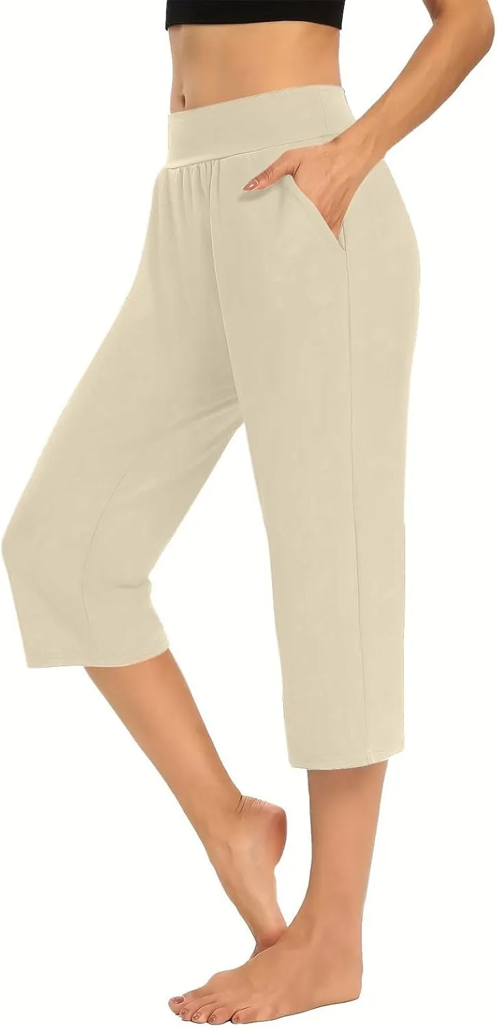 Womens Yoga Capri Pants Elastic Waisted Pants High Waisted Stretch Pants Casual Lounge Pants Summer Lightweight Pants