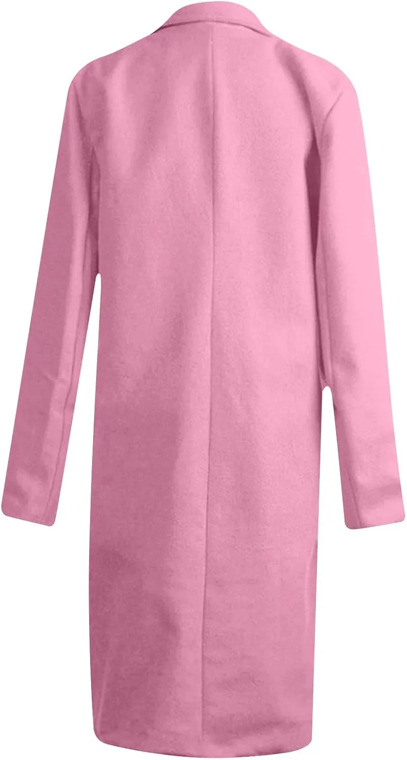 Wool Coats for Women Notch Lapel Double Breasted Mid Long Trench Coat Plus Size Pea Overcoat Winter Jacket