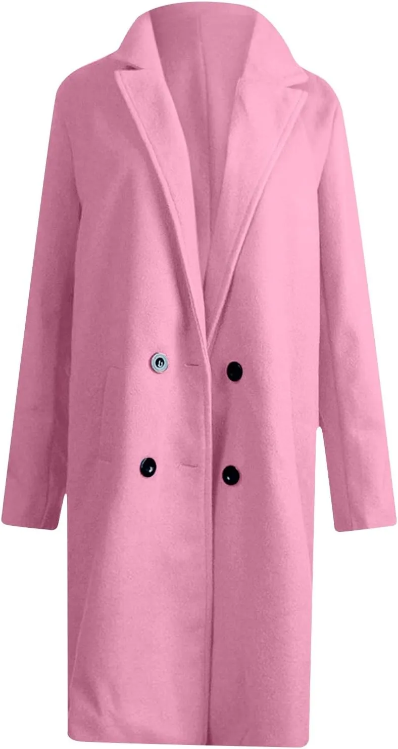 Wool Coats for Women Notch Lapel Double Breasted Mid Long Trench Coat Plus Size Pea Overcoat Winter Jacket