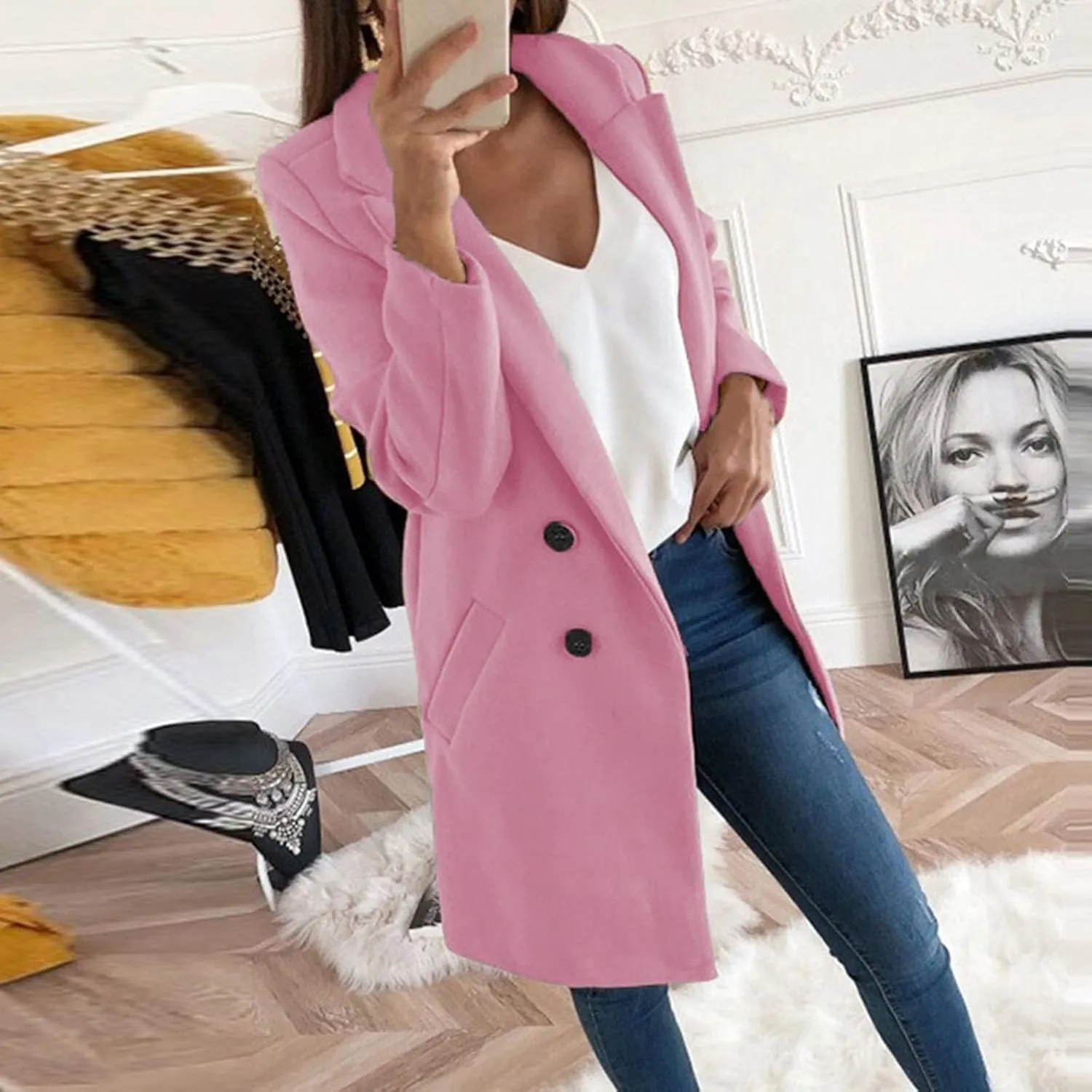 Wool Coats for Women Notch Lapel Double Breasted Mid Long Trench Coat Plus Size Pea Overcoat Winter Jacket