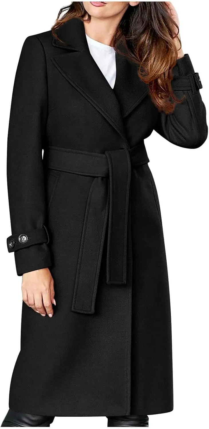 Wool Coats for Women Winter Mid Length Trench Coat Notch Collar Open Front Pea Coat Outerwear With Belt