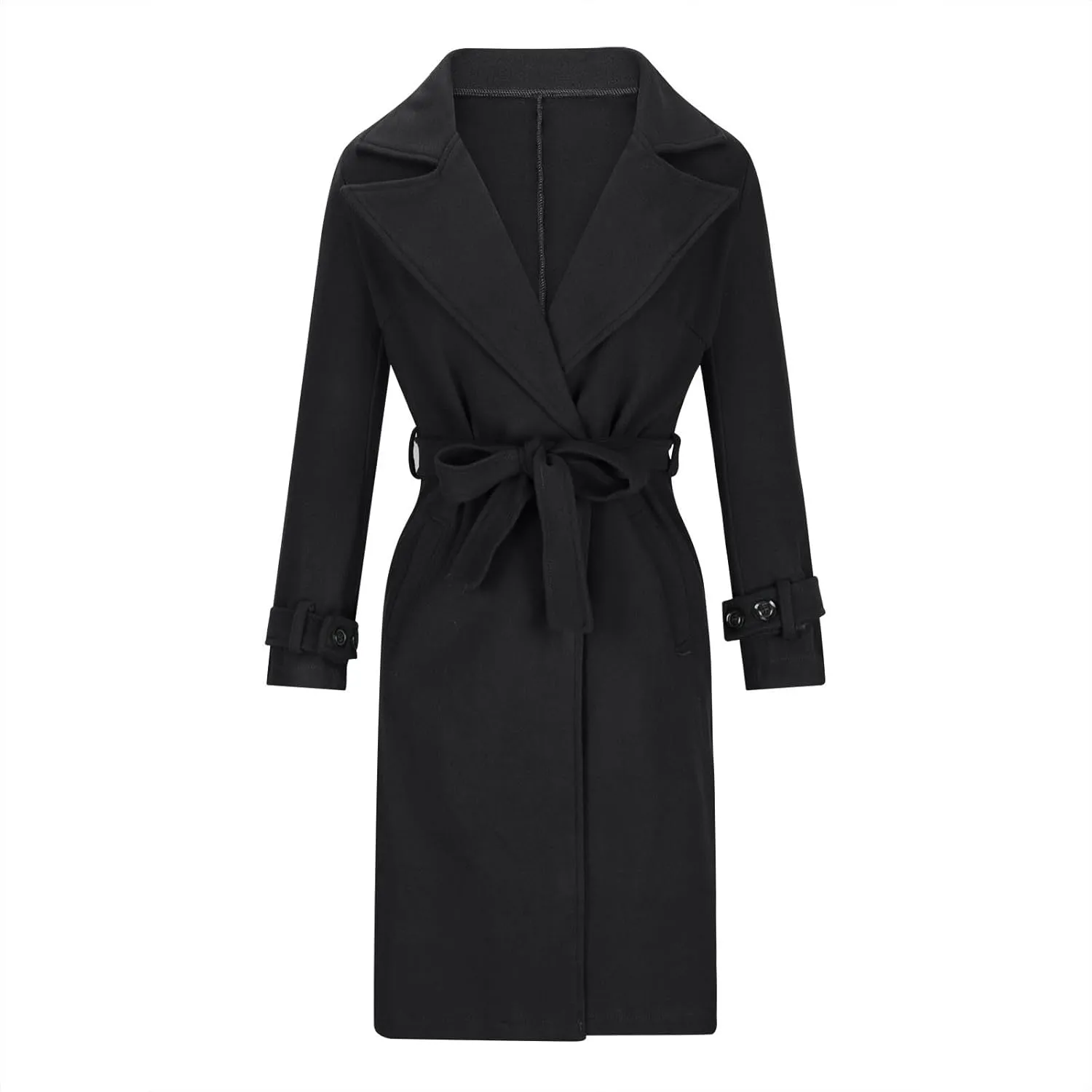 Wool Coats for Women Winter Mid Length Trench Coat Notch Collar Open Front Pea Coat Outerwear With Belt