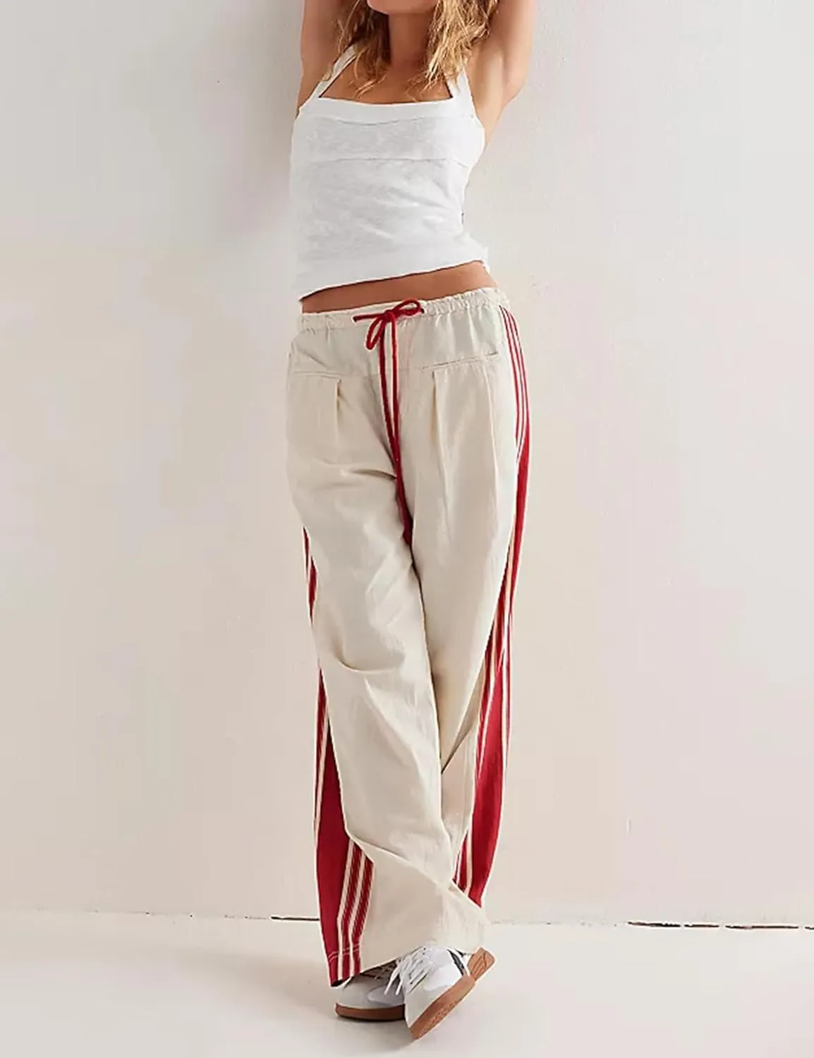 Wyeysyt Womens Wide Leg Pants Drawstring High Rise Palazzo Pants Side Striped Baggy Track Pants with Pockets