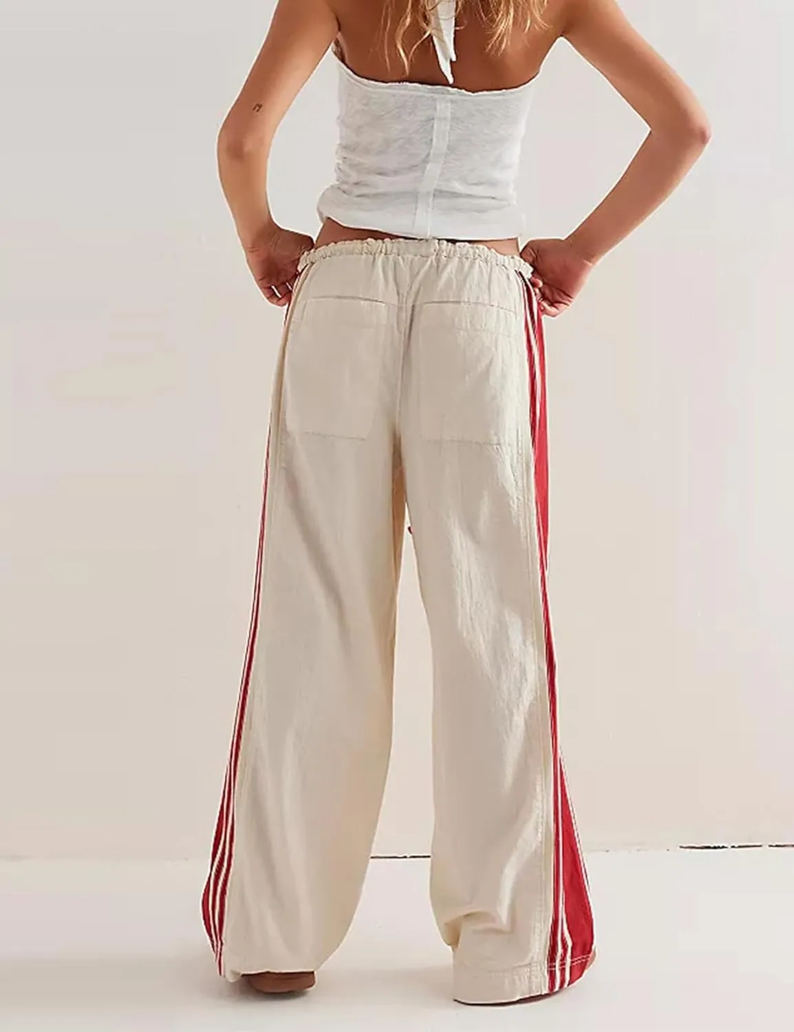 Wyeysyt Womens Wide Leg Pants Drawstring High Rise Palazzo Pants Side Striped Baggy Track Pants with Pockets