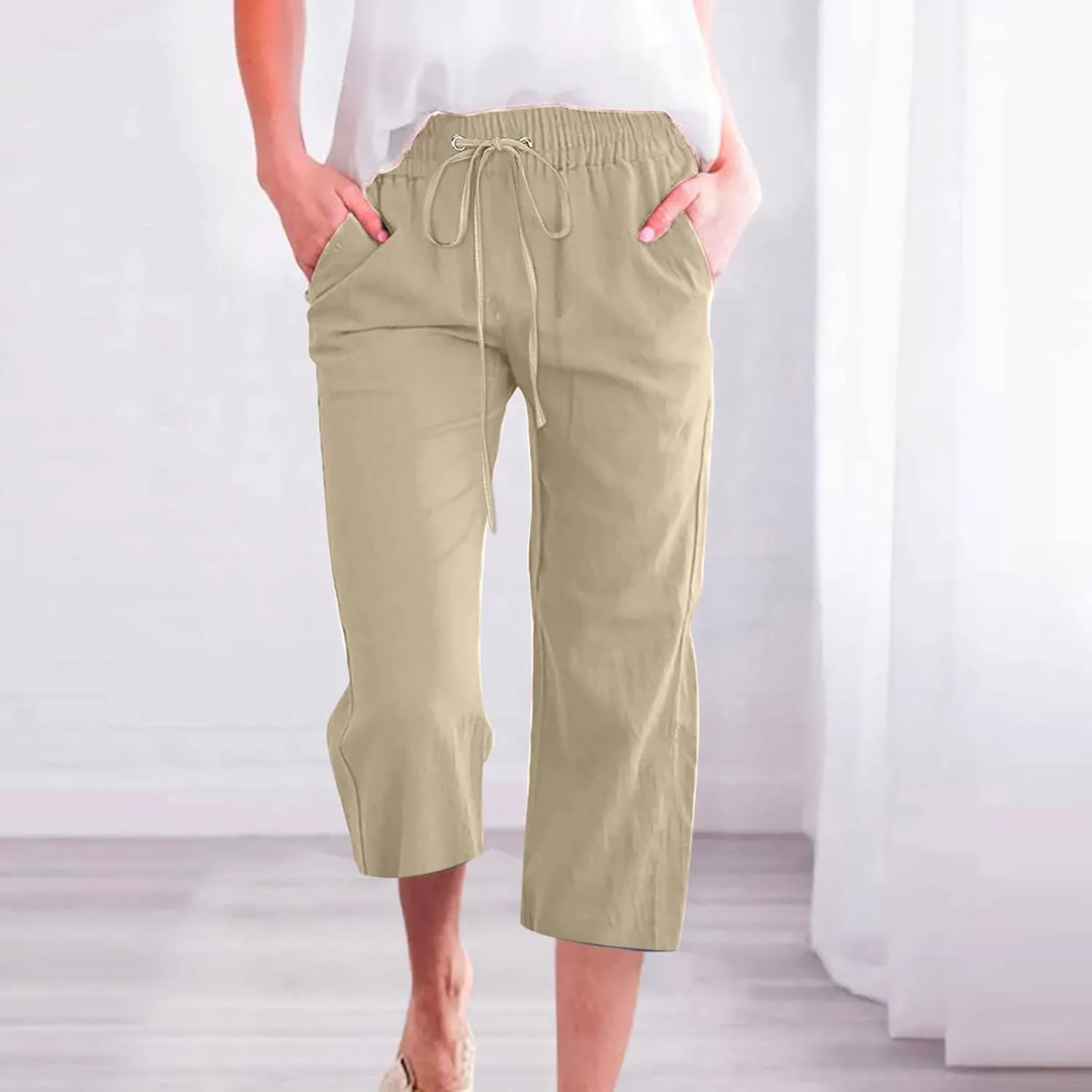 XUNRYAN Capris for Women Casual Summer 2023 Capri Leggings Lightweight High Waist Linen Cargo Pants Pockets Cropped Trousers