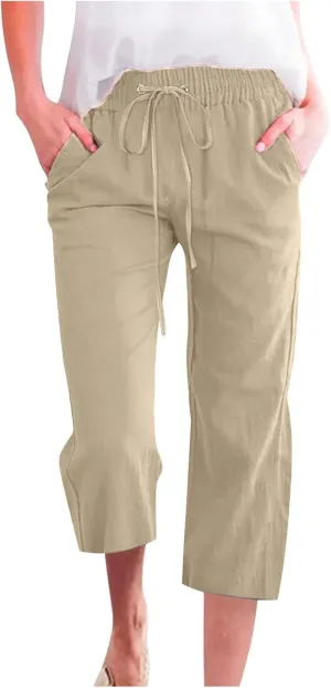 XUNRYAN Capris for Women Casual Summer 2023 Capri Leggings Lightweight High Waist Linen Cargo Pants Pockets Cropped Trousers