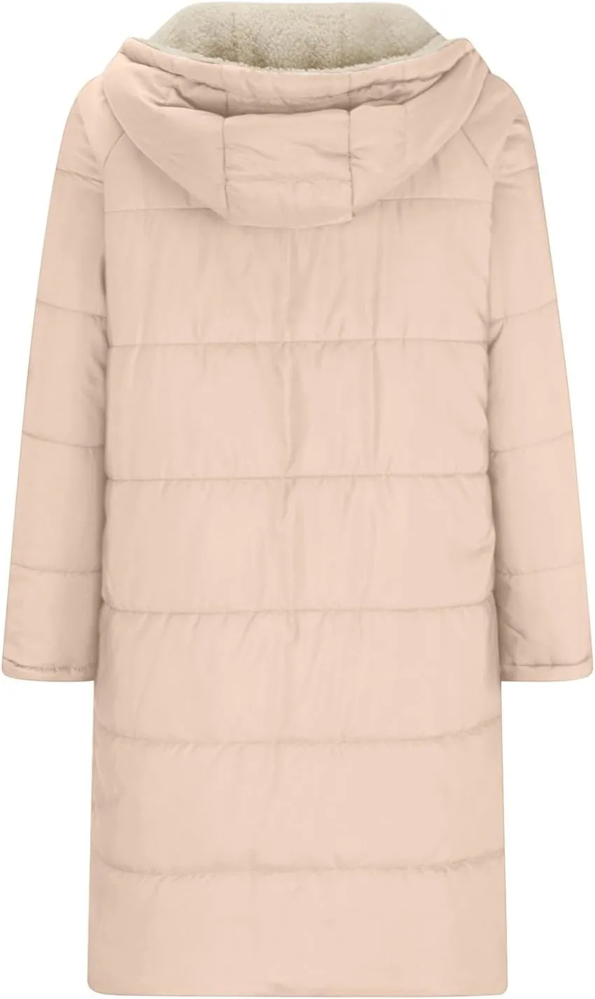 XUNRYAN Womens Winter Sherpa Puffer Jackets Zip Up Long Parka Quilted Lightweight Down Coat Fleece Lined Outdoor Anorak Hood