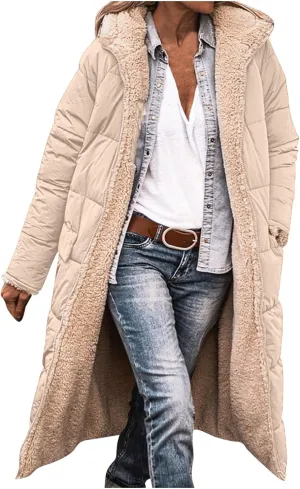 XUNRYAN Womens Winter Sherpa Puffer Jackets Zip Up Long Parka Quilted Lightweight Down Coat Fleece Lined Outdoor Anorak Hood