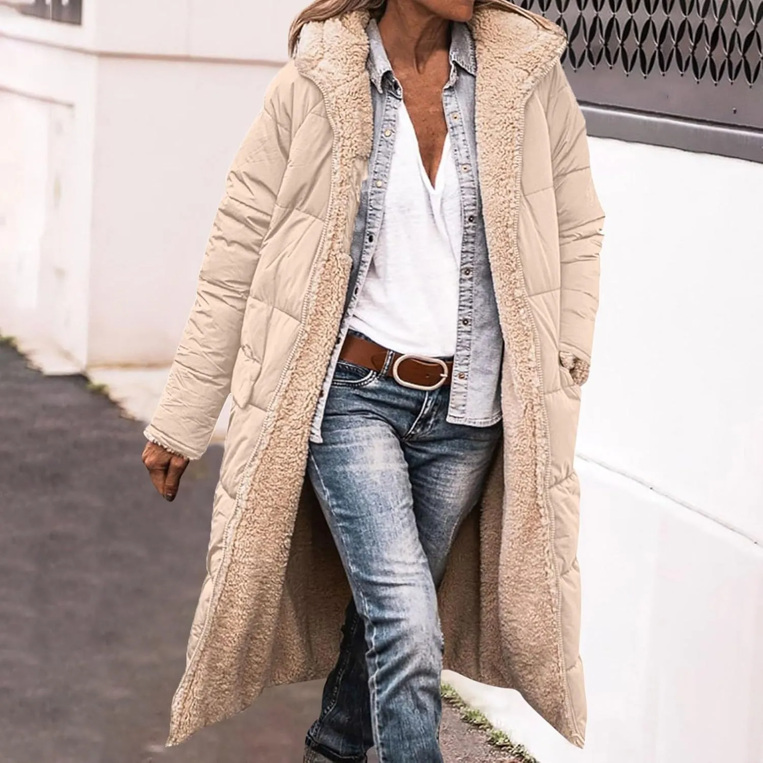 XUNRYAN Womens Winter Sherpa Puffer Jackets Zip Up Long Parka Quilted Lightweight Down Coat Fleece Lined Outdoor Anorak Hood