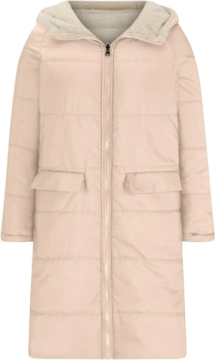 XUNRYAN Womens Winter Sherpa Puffer Jackets Zip Up Long Parka Quilted Lightweight Down Coat Fleece Lined Outdoor Anorak Hood