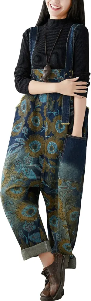 Yeokou Women's Loose Baggy Denim Wide Leg Drop Crotch Jumpsuit Rompers Overalls