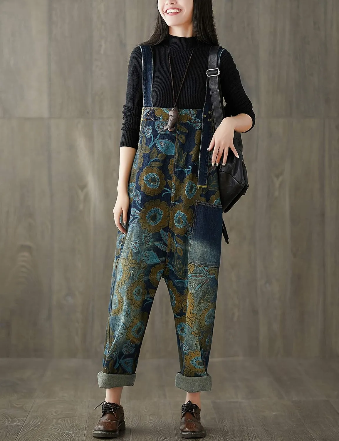 Yeokou Women's Loose Baggy Denim Wide Leg Drop Crotch Jumpsuit Rompers Overalls