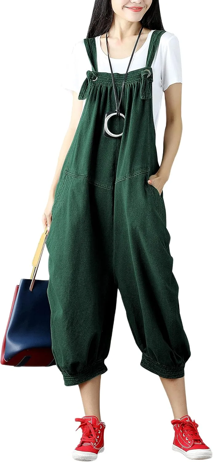 Yeokou Women's Loose Baggy Denim Wide Leg Drop Crotch Jumpsuit Rompers Overalls
