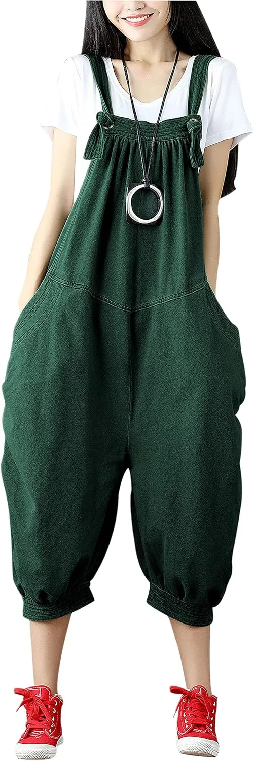 Yeokou Women's Loose Baggy Denim Wide Leg Drop Crotch Jumpsuit Rompers Overalls