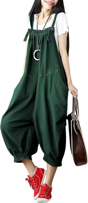 Yeokou Women's Loose Baggy Denim Wide Leg Drop Crotch Jumpsuit Rompers Overalls