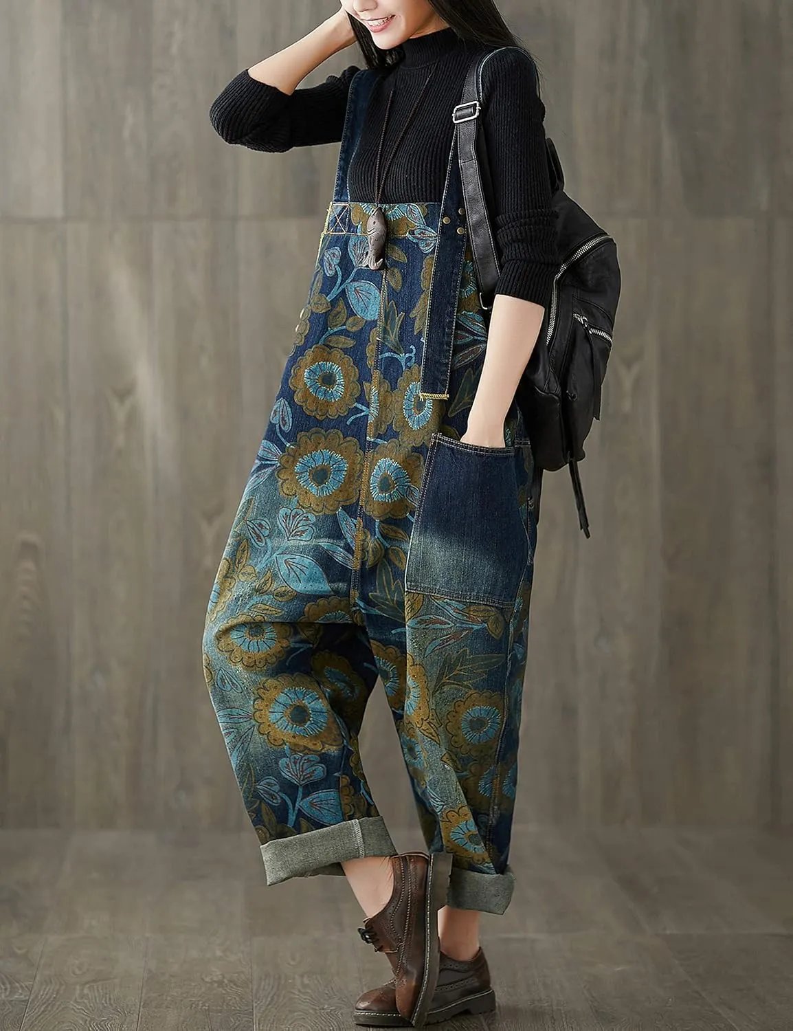 Yeokou Women's Loose Baggy Denim Wide Leg Drop Crotch Jumpsuit Rompers Overalls