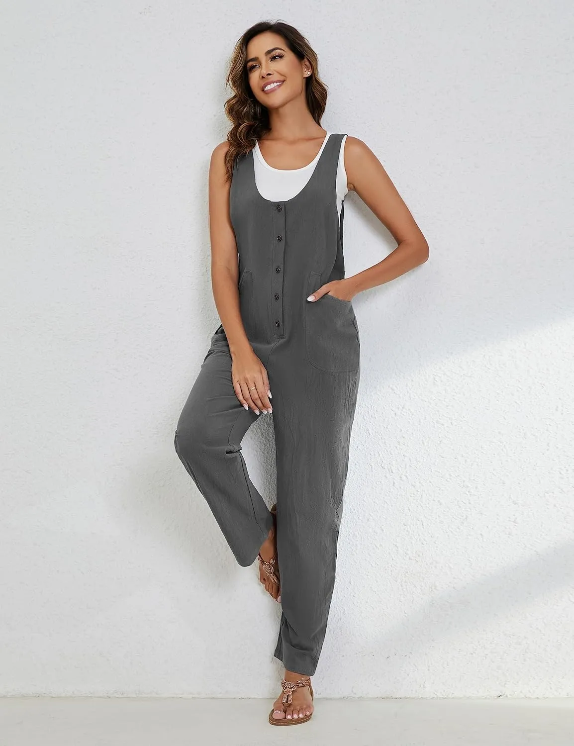 Yeokou Womens Overalls Linen Cotton Jumpsuits Loose Casual Jumpers with Pockets