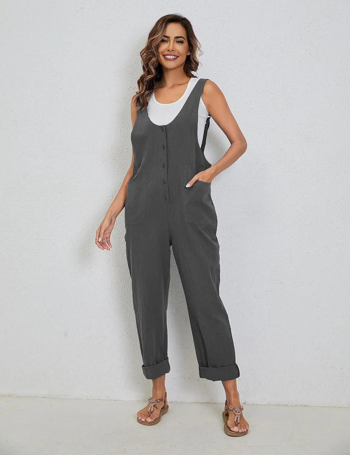 Yeokou Womens Overalls Linen Cotton Jumpsuits Loose Casual Jumpers with Pockets