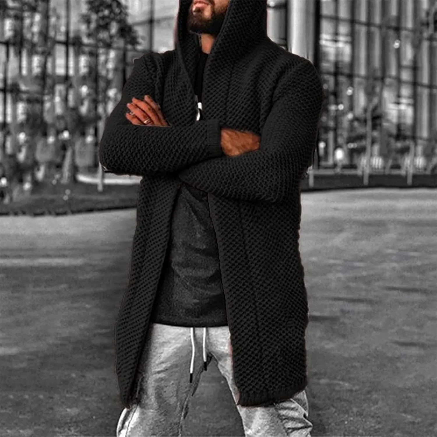 Ymosrh Men's Coat Jacket Long Cardigan Open Front Fall Casual Winter Warm Knit Sweater Coat Fashion Outwear, XL-5XL